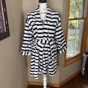 Kate Spade Robe Womens Medium Black White Stripe Polka Dot Fleece KS41653